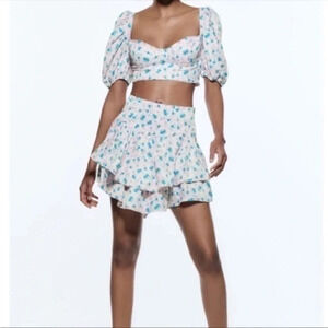New Zara Floral Pattern Smocked Back Crop Top
